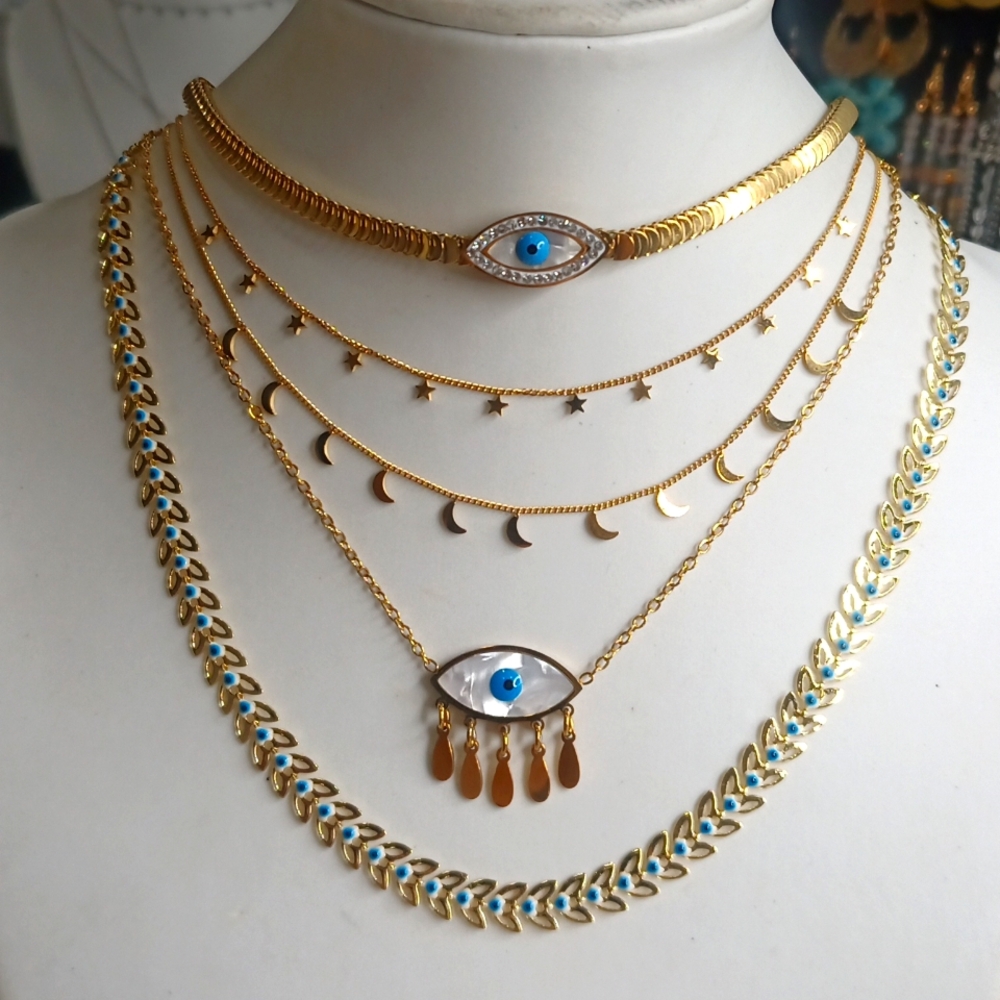 Dainty Choker Necklace Evil Eye Moon Star Leaf - Picture 1 of 6